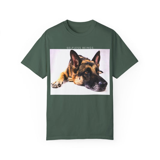 Unisex Dog Lover T-Shirt With Close Up of Bored German Shepherd Laying His Head On the Floor and Caption Selfless Beings