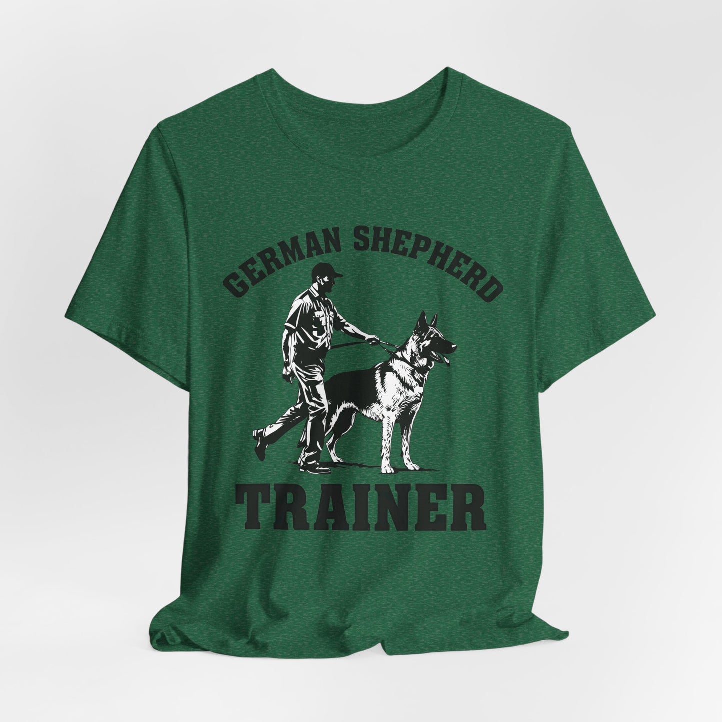 German Shepherd Trainer Tee - Black and White Design of Man Holding a German Shepherd