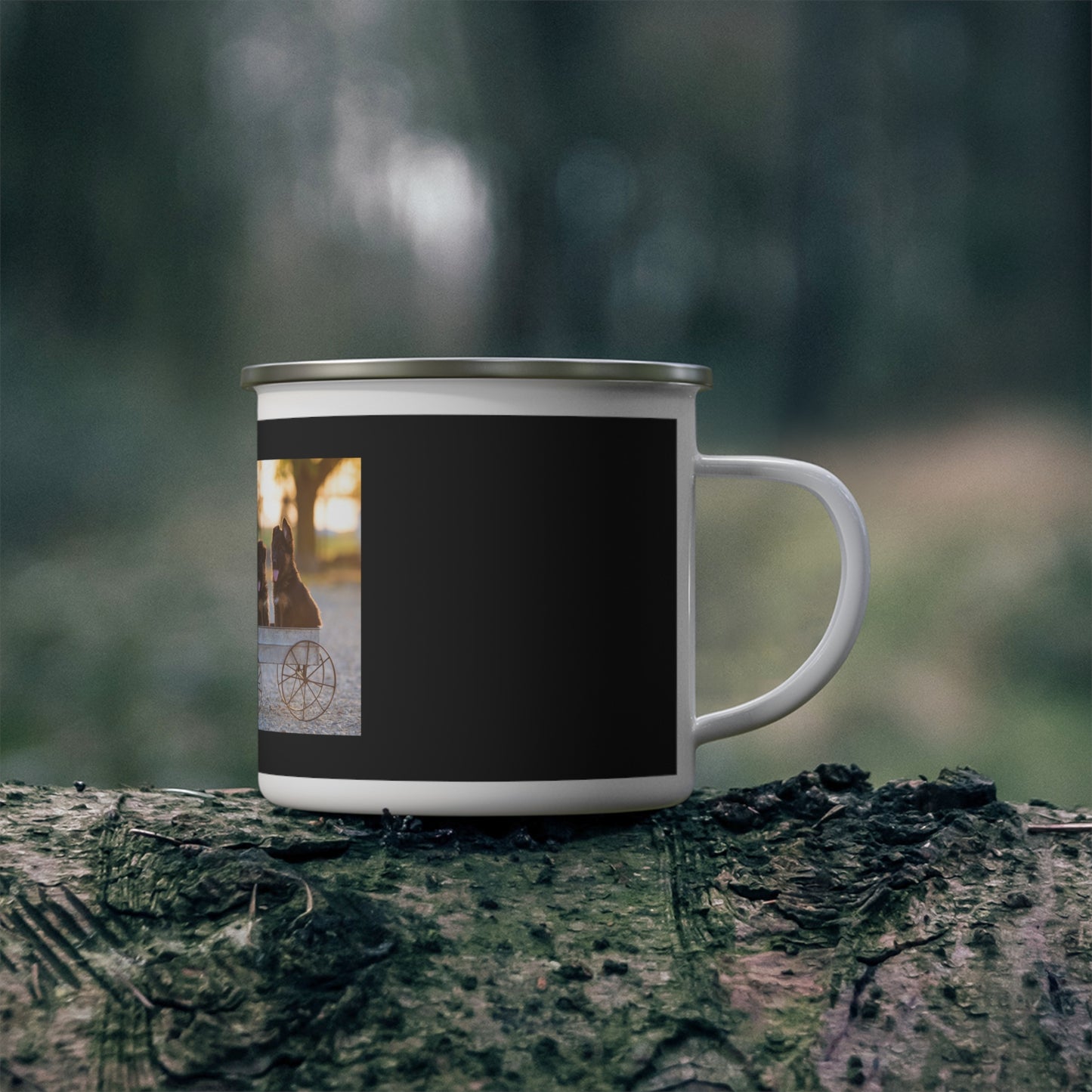 Enamel Dog Lover Camping Mug With Two Cute German Shepherd Puppies Sitting on a Cart and Caption Love