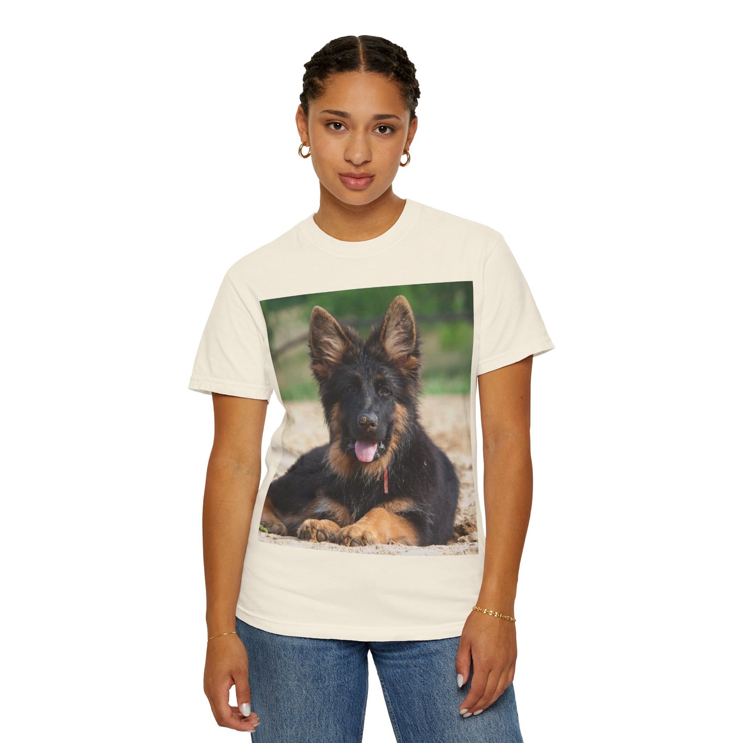 Unisex Dog Lover T-Shirt Featuring Photo of Stunning German Shepherd Puppy Resting on the Sand