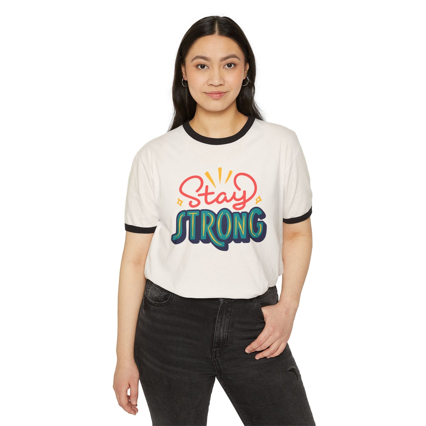 Stay Strong Unisex Cotton Ringer T-Shirt | Motivational Apparel, Gift for Friends, Positive Vibe Shirt, Casual Wear, Mental Health Awareness