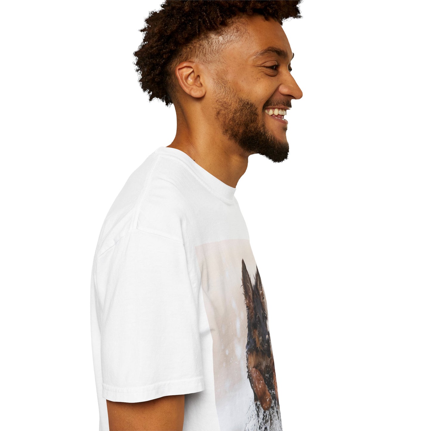 Unisex Dog Lover T-Shirt Featuring a German Shepherd Puppy Jumping In The Water