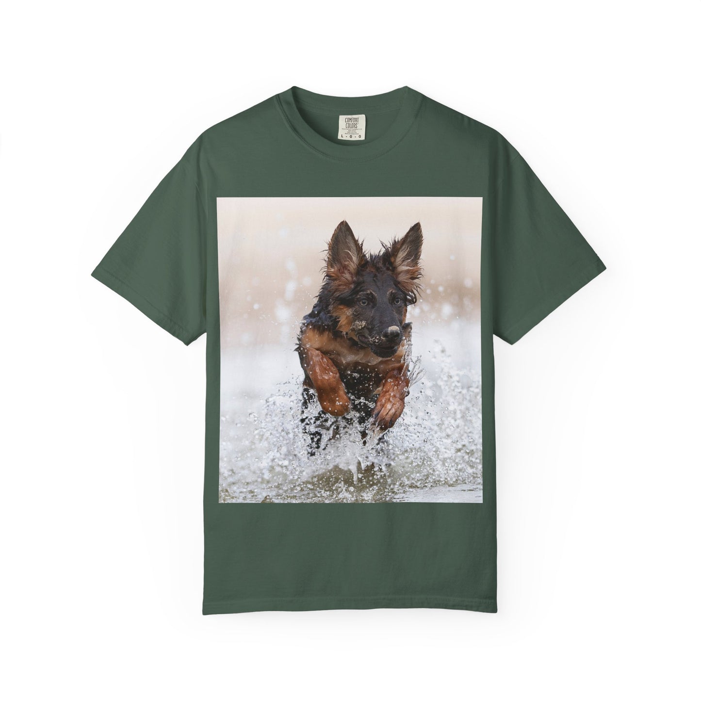Unisex Dog Lover T-Shirt Featuring a German Shepherd Puppy Jumping In The Water