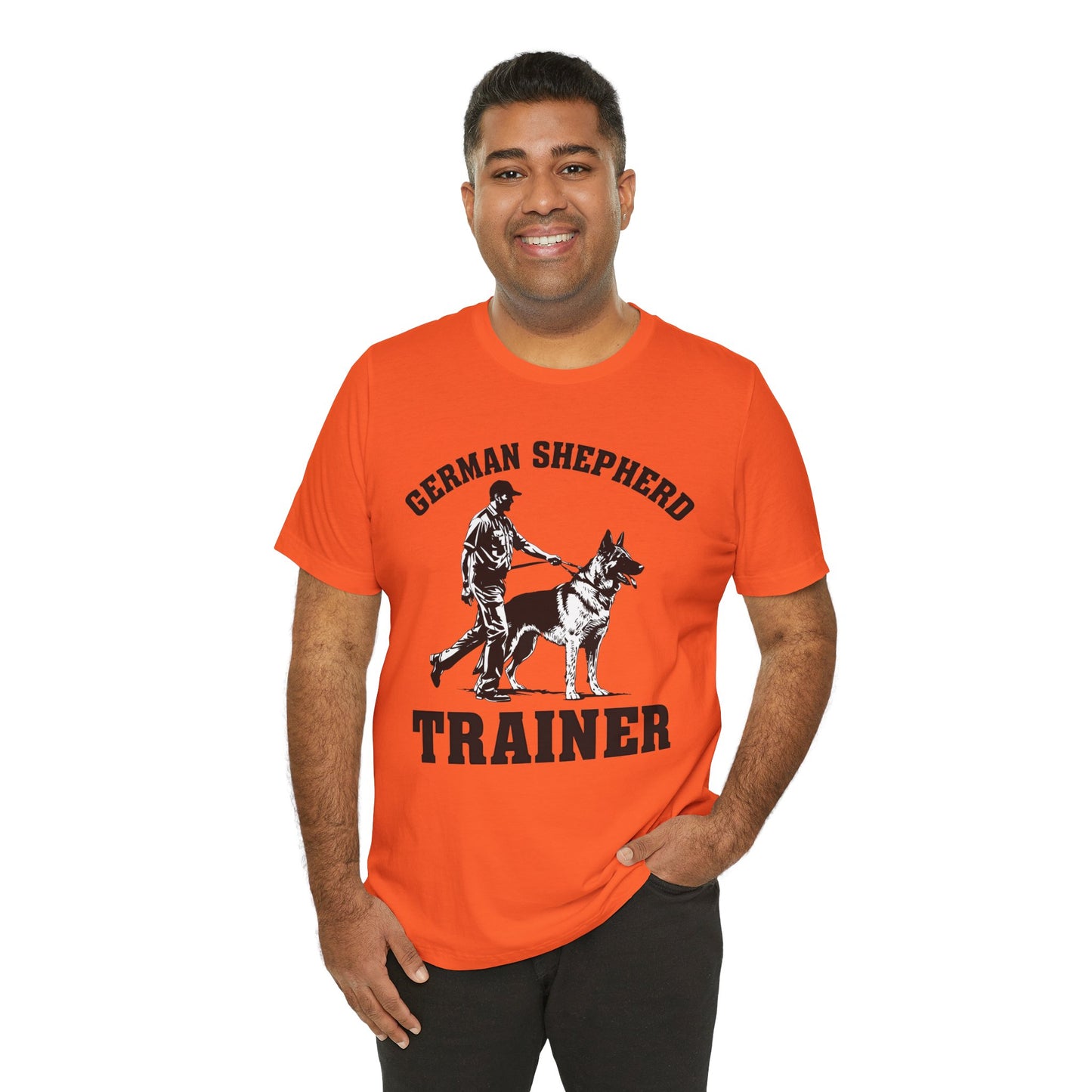 German Shepherd Trainer Tee - Black and White Design of Man Holding a German Shepherd