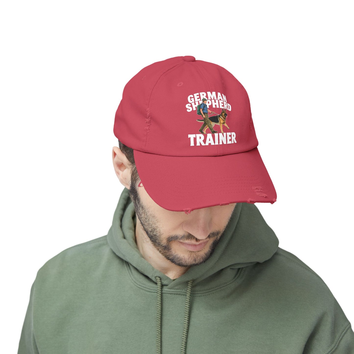 Unisex Distressed Cap Featuring a Trainer Leading German Shepherd, Dog Trainer Gift