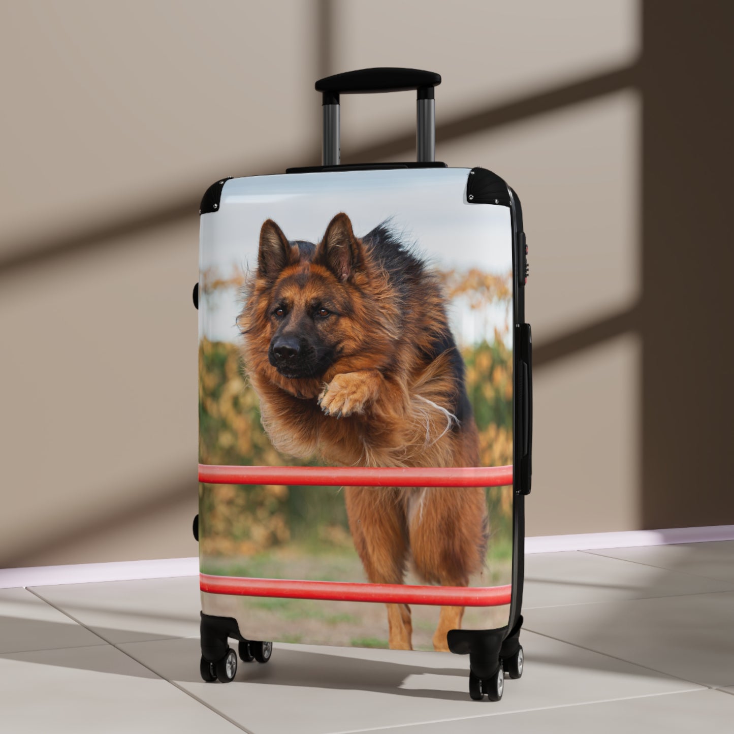 Dog Lover Suitcase Featuring a Long Coat German Shepherd Jumping An Agility Fence