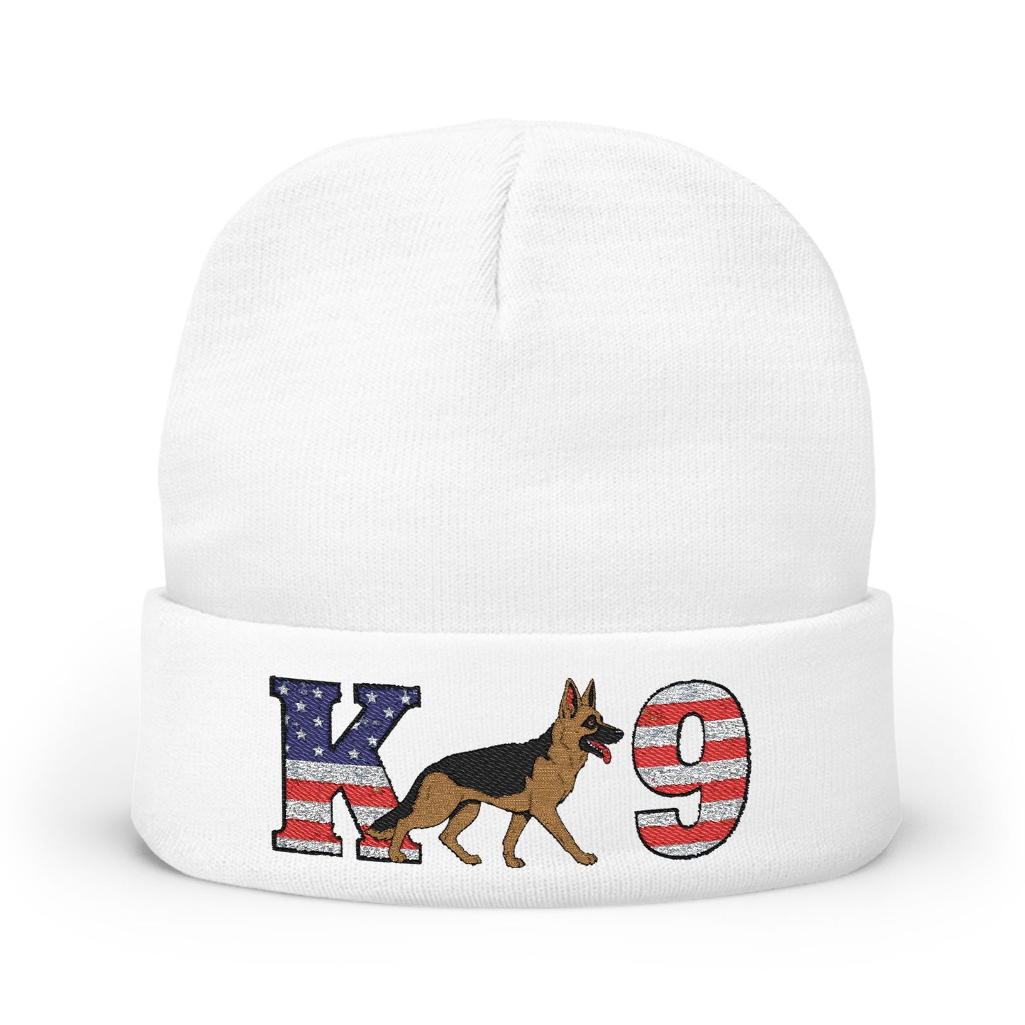 Embroidered K9 American Flag Beanie Featuring a German Shepherd | Patriotic Knit Hat, Memorial Day Cap