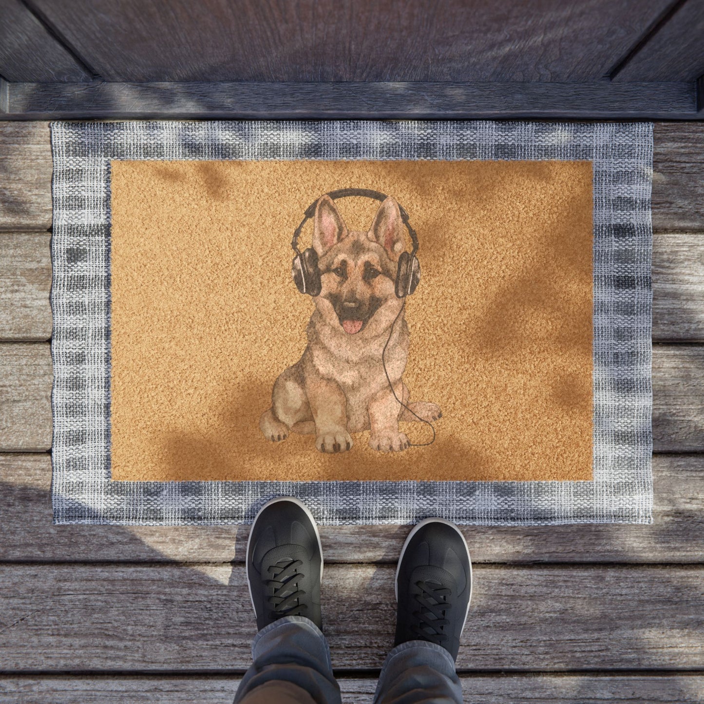 Pet Lover's Welcome Doormat Featuring a Graphic of German Shepherd Listening to Music Wearing Headphones