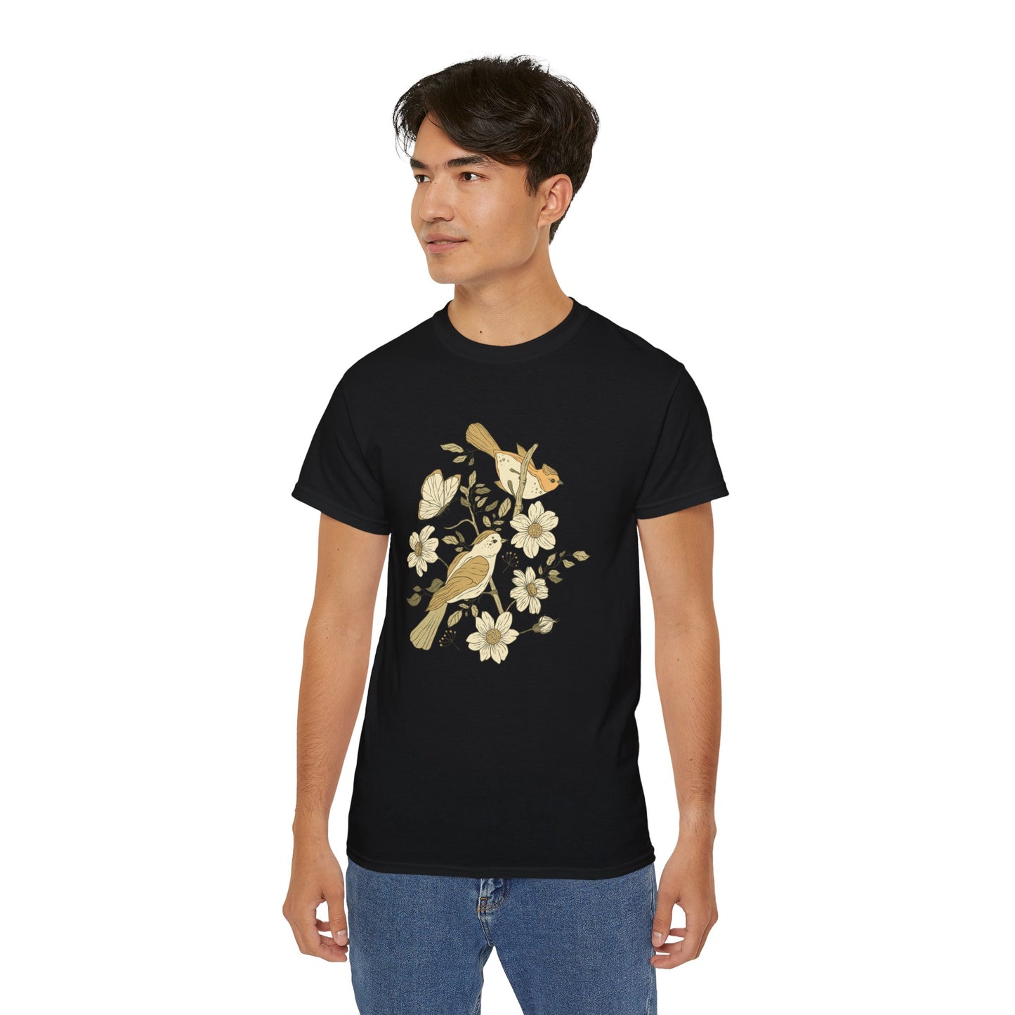 Nature-Inspired Unisex Tee, Floral Bird Print T-Shirt, Gift for Nature Lovers, Spring Fashion, Eco-Friendly Casual Wear