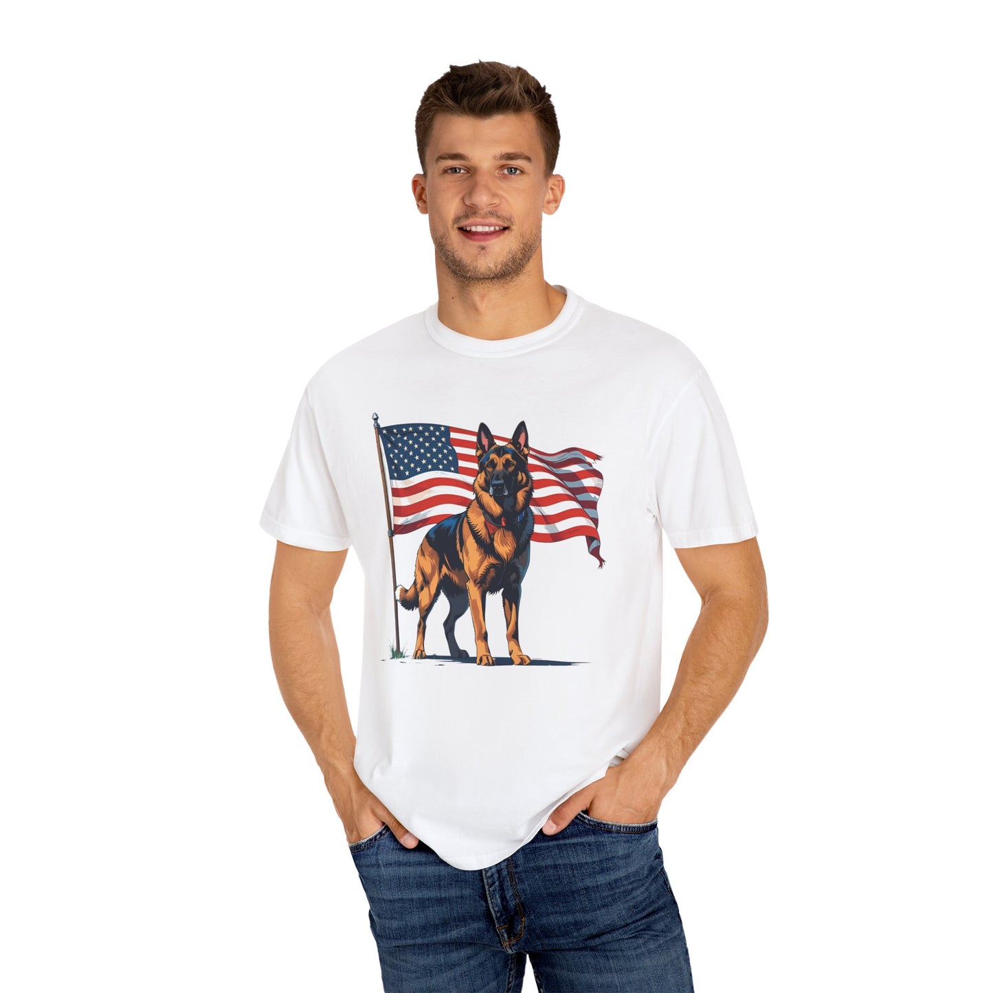 Patriotic German Shepherd Dog T-Shirt, Unisex Garment-Dyed Tee, Dog Lover Gift, US Independence Day Apparel, Casual Wear for Pet Lovers