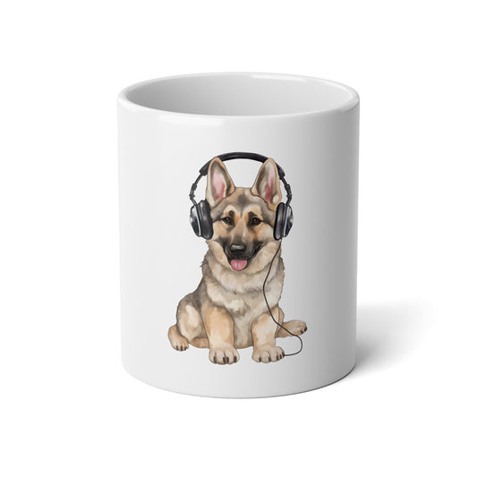 White Jumbo Dog Lover Mug -20oz with a Graphic of German Shepherd Wearing Headphones