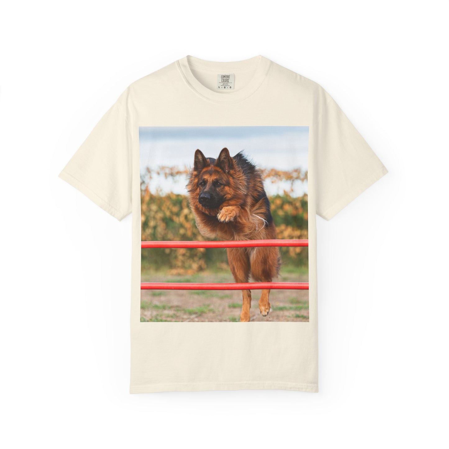 Dog Lover Unisex T-Shirt  Featuring Photograph of Showline German Shepherd Jumping Agility Fence