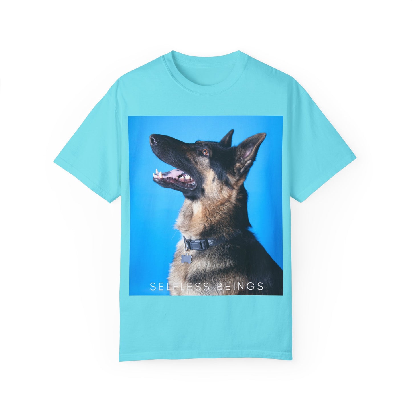 Unisex Dog Lover T-Shirt With Close Up Portrait of German Shepherd from Side Angle, Having Blue Background and Caption Selfless Beings