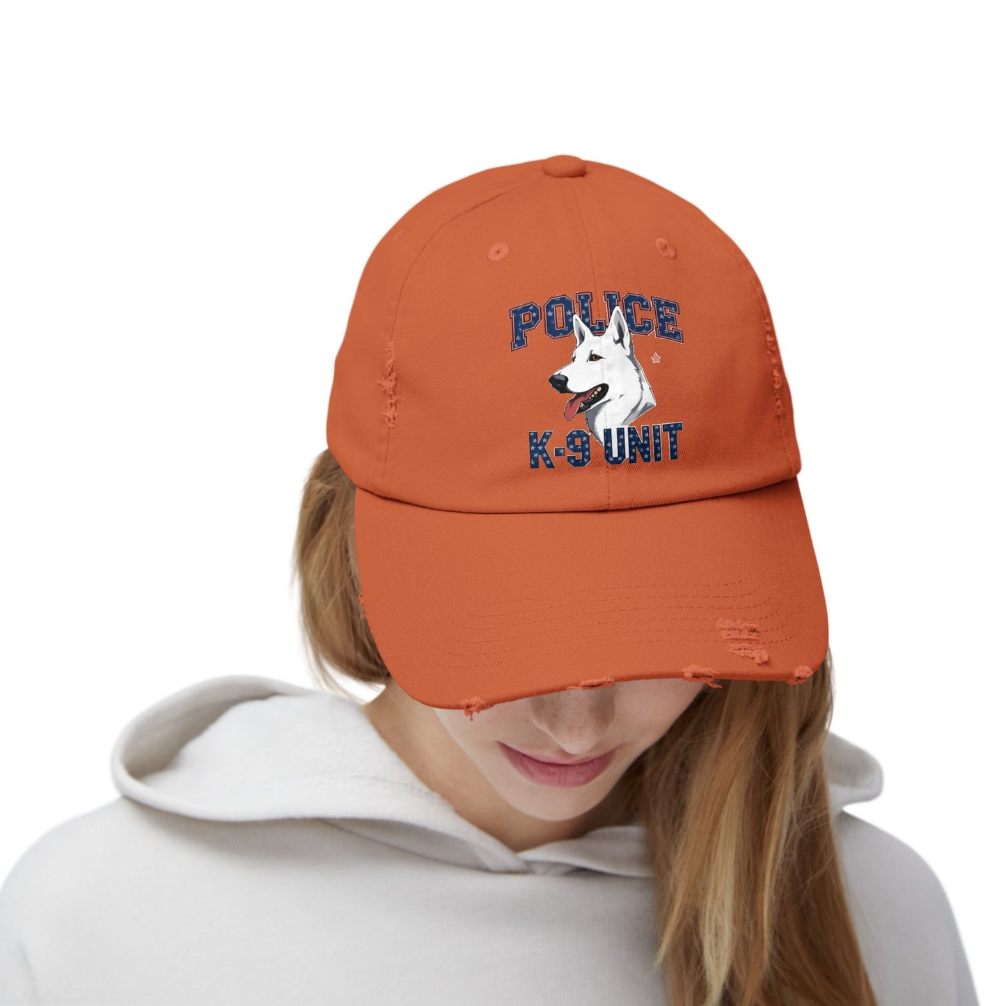 Unisex Distressed Cap with Police K9 Design Featuring German Shepherd, Trendy Dog Lover Hat, Perfect Gift for Police Supporters