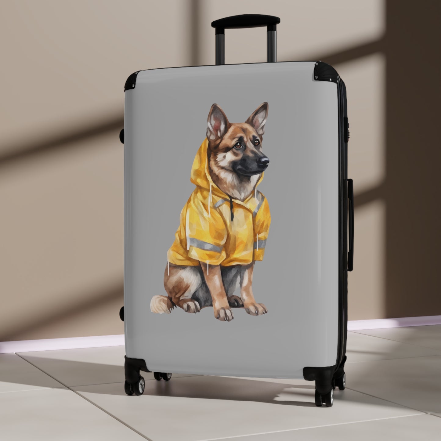 Dog Lovers Suitcase Featuring a German Shepherd Wearing a Yellow Rain Coat