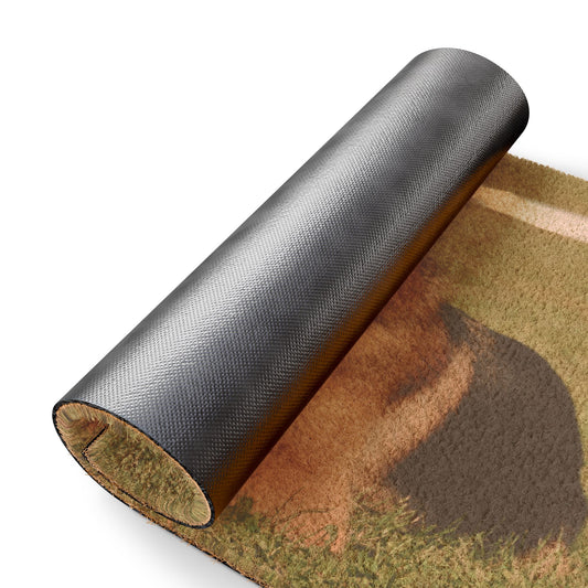Dog Lovers Doormat Featuring a Giant German Shepherd Sitting on the Grass With a Hanging Tongue