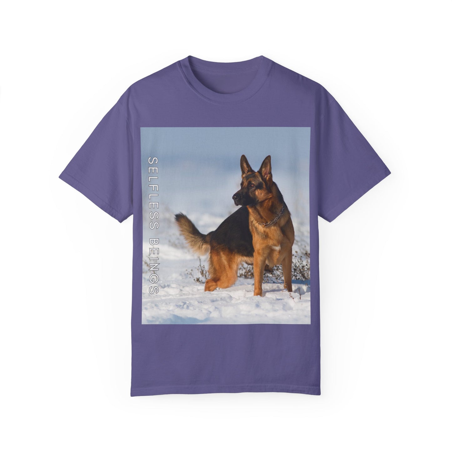Unisex Dog Lover T-Shirt With a Beautiful German Shepherd Looking at Side Standing on the Snow and Caption Selfless Beings
