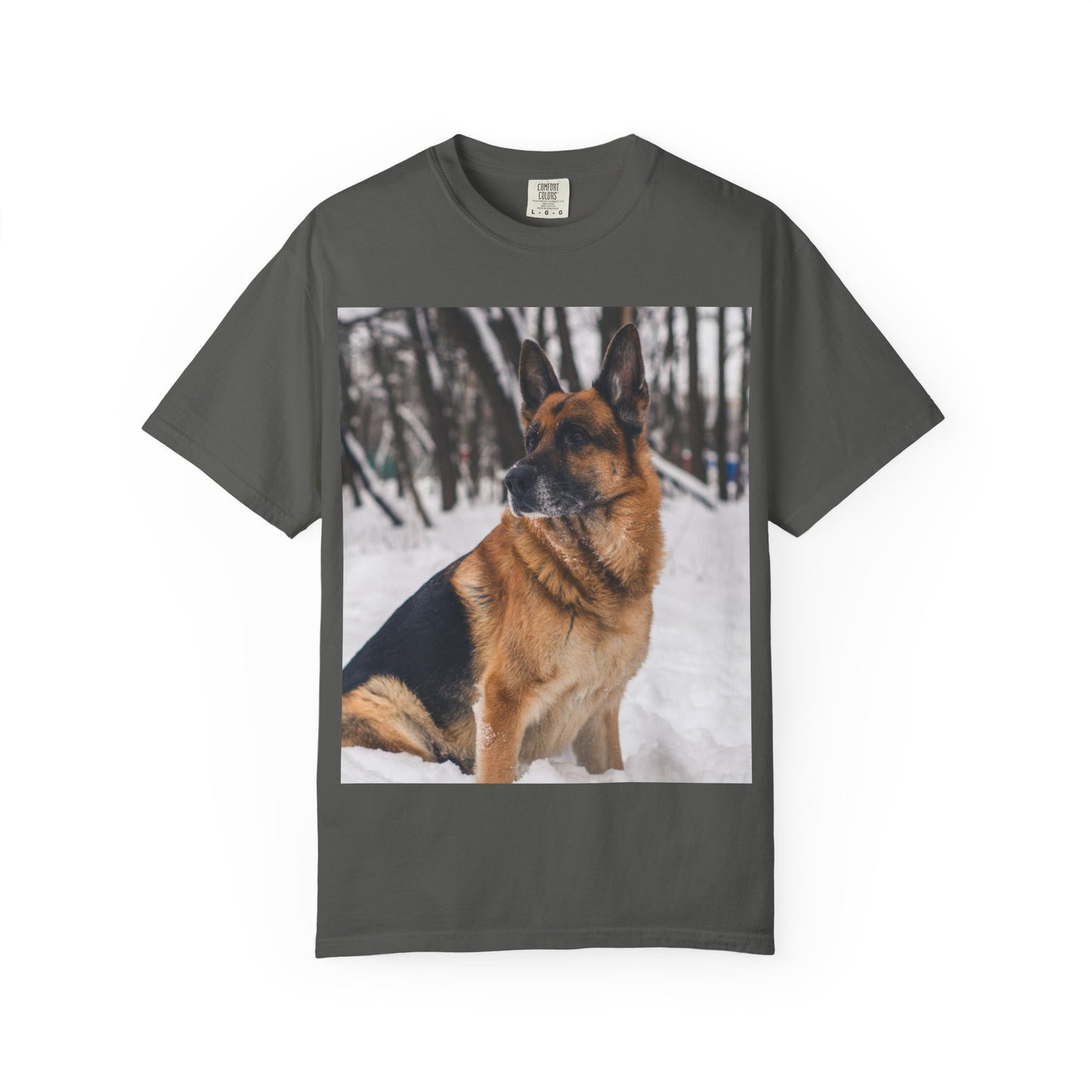 Unisex Dog Lovers T-Shirt Featuring a Beautiful German Shepherd Sloppily Sitting on the Snow