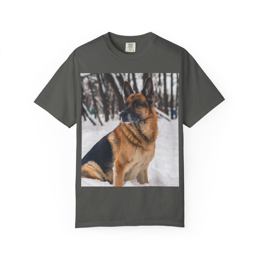 Unisex Dog Lovers T-Shirt Featuring a Beautiful German Shepherd Sloppily Sitting on the Snow
