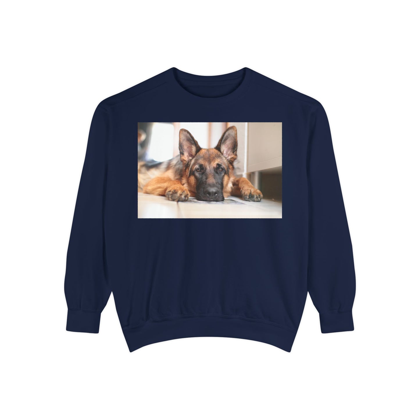 Unisex Dog Lover Sweatshirt With a German Shepherd Lying His Head on the Floor