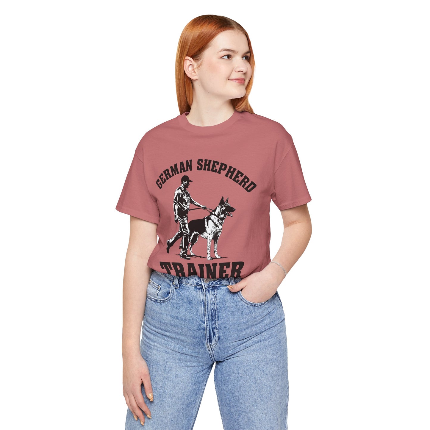 German Shepherd Trainer Tee - Black and White Design of Man Holding a German Shepherd