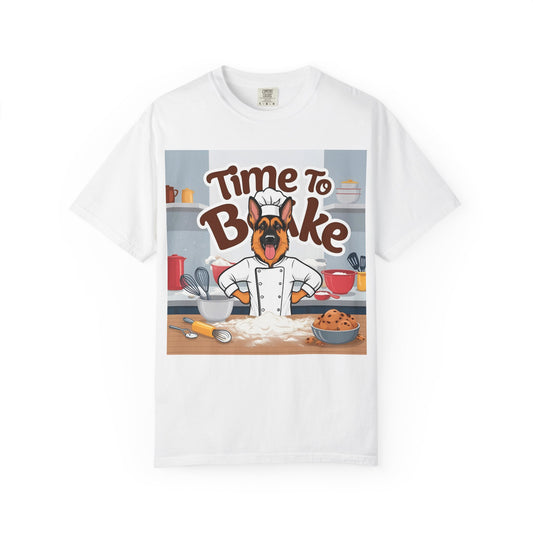 Unisex Dog Lover T-Shirt With Graphic of German Shepherd Wearing Chef Suit and Caption Time To Bake
