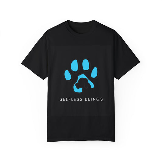 Unisex Dog Lover T-Shirt With Graphic of Blue Colored Dog Paw's Print Whose Metacarpal Contains a Design of Black Dog and Caption Selfless Beings Below