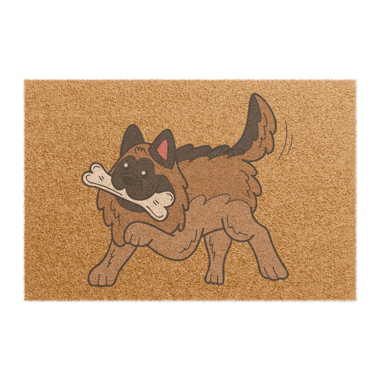 Playful Dog Doormat - Featuring a Cartoon German Shepherd Holding a White Bone in Mouth