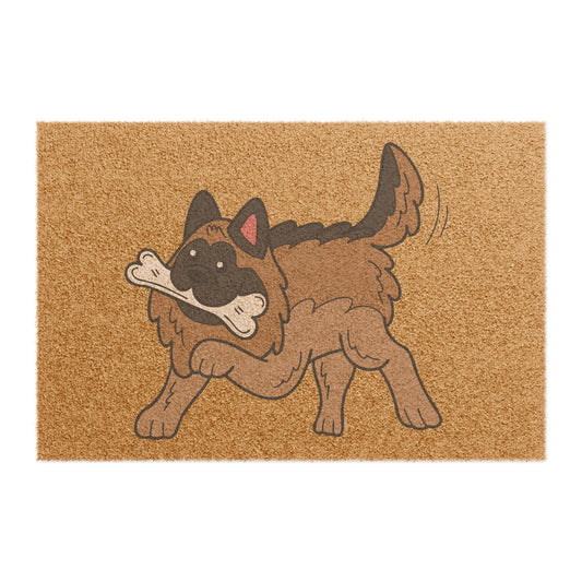Playful Dog Doormat - Featuring a Cartoon German Shepherd Holding a White Bone in Mouth