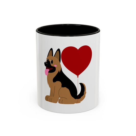 Glossy Ceramic Dog Lover Mug With a Graphic of German Shepherd Puppy and Heart Shaped Balloon Attached With Tail