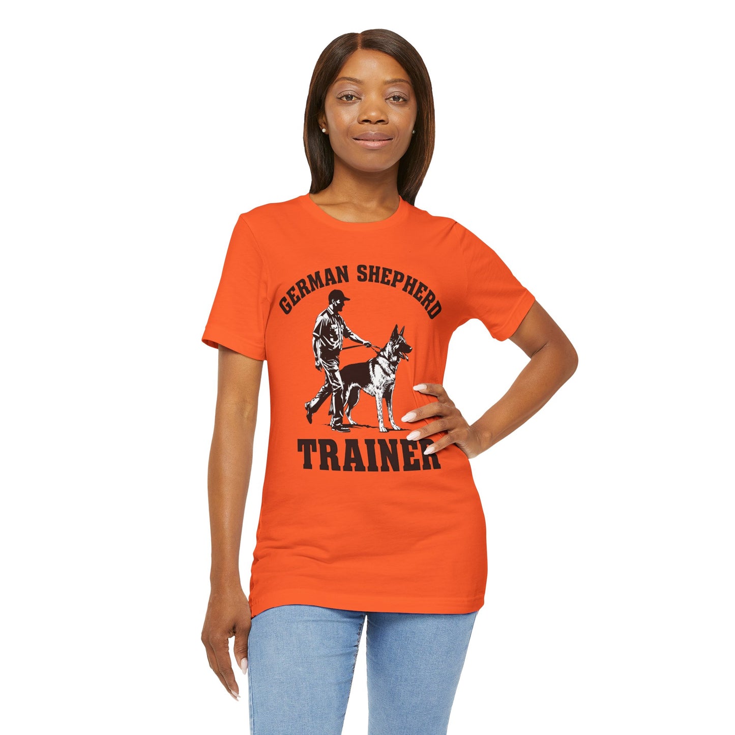 German Shepherd Trainer Tee - Black and White Design of Man Holding a German Shepherd
