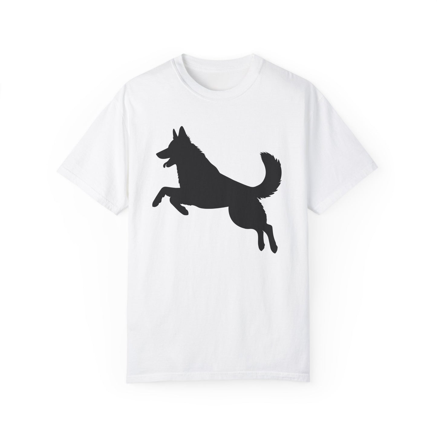 Unisex Dog Lover T-Shirt With a Graphic of Solid Black German Shepherd Jumping in the Air
