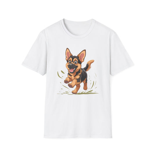 Cute Playing Puppy Graphic Unisex Softstyle T-Shirt, Dog Lover Gift, Casual Wear, Animal Theme Shirt, Perfect for Birthdays, Pet Owners