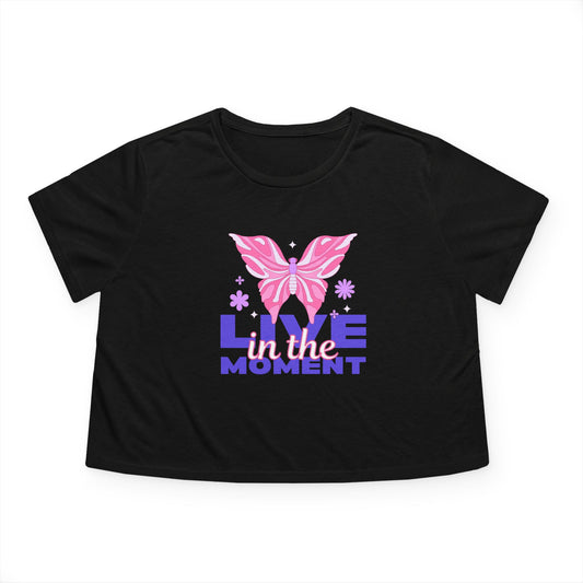 Cheerful Butterfly Flowy Cropped Tee - Live In the Moment, Women's Positive Vibes Shirt, Casual Summer Fashion, Spring Celebration Wear
