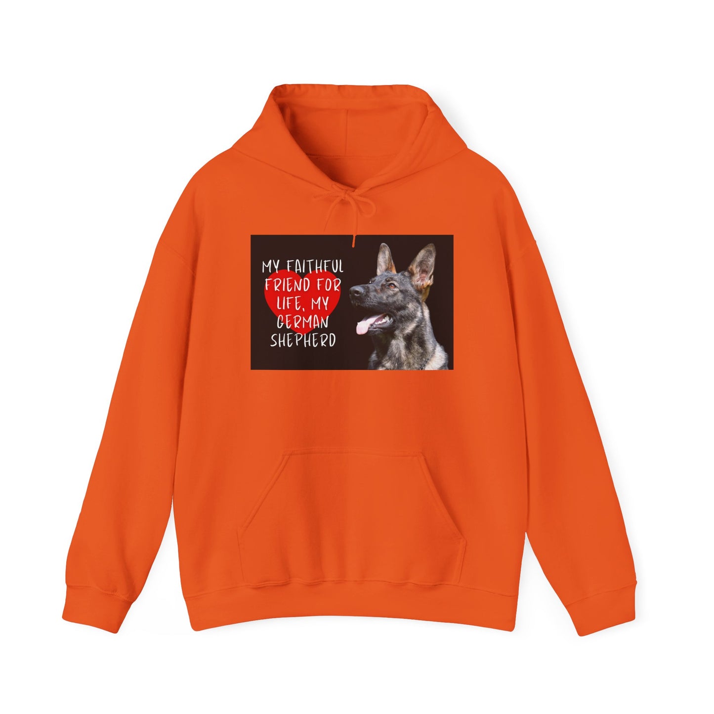 Unisex Dog Lover Hoodie With a Working Line German Shepherd and Caption Faithful Friend on Top of Red Heart