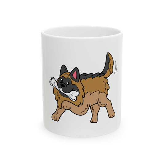 White Ceramic Dog Lover Mug With a Cartoon of German Shepherd Holding a White Bone in Mouth