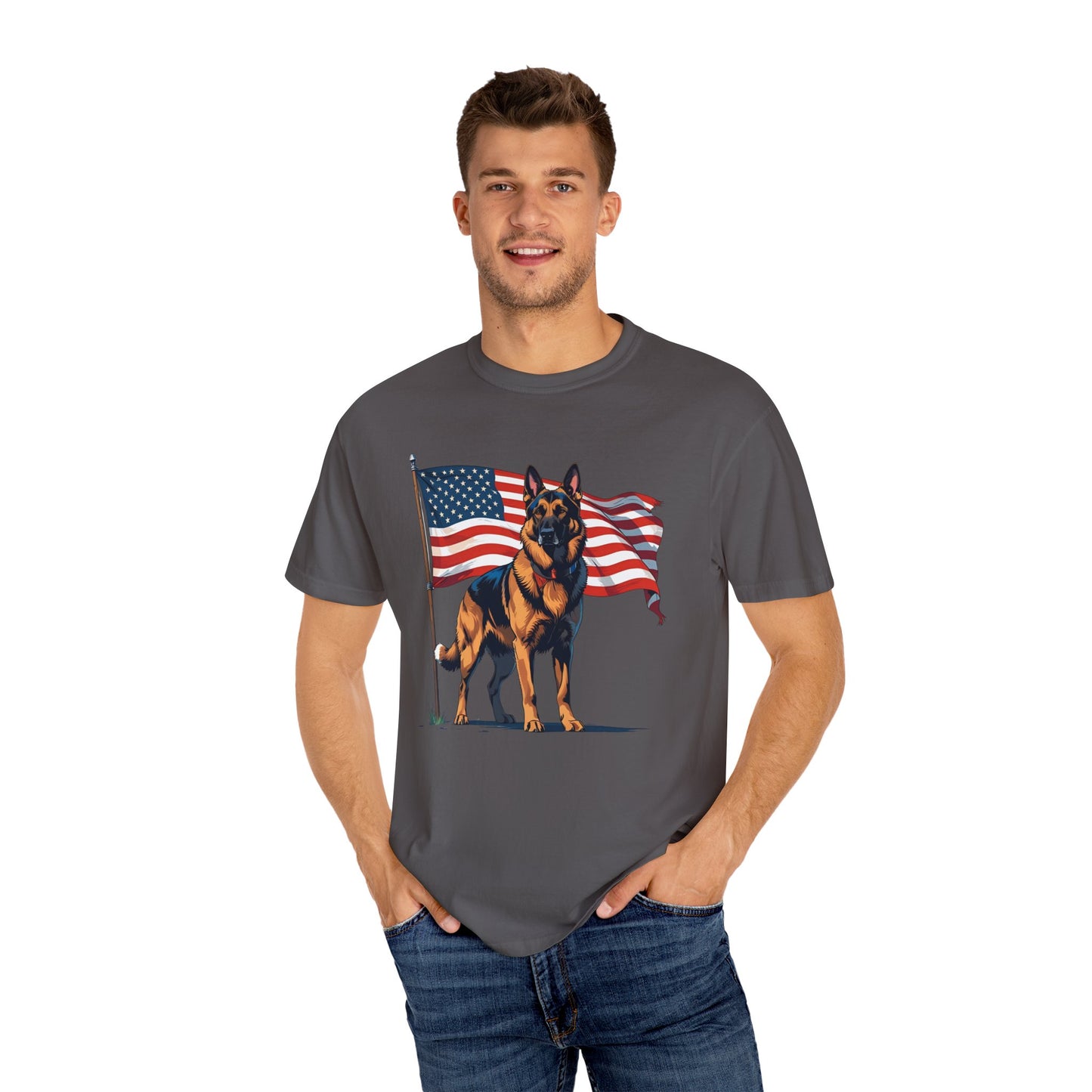 Patriotic German Shepherd Dog T-Shirt, Unisex Garment-Dyed Tee, Dog Lover Gift, US Independence Day Apparel, Casual Wear for Pet Lovers