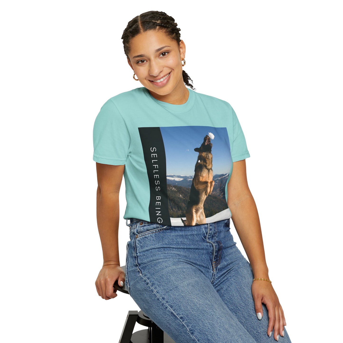 Unisex Dog Lover T-Shirt With a German Shepherd Jumps Upward to Catch a Small Snowball With Mouth and Caption Selfless Beings