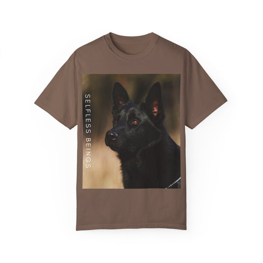 Unisex Dog Lover T-Shirt With Close Up of Serious Looking Solid Black German Shepherd and Caption Selfless Beings