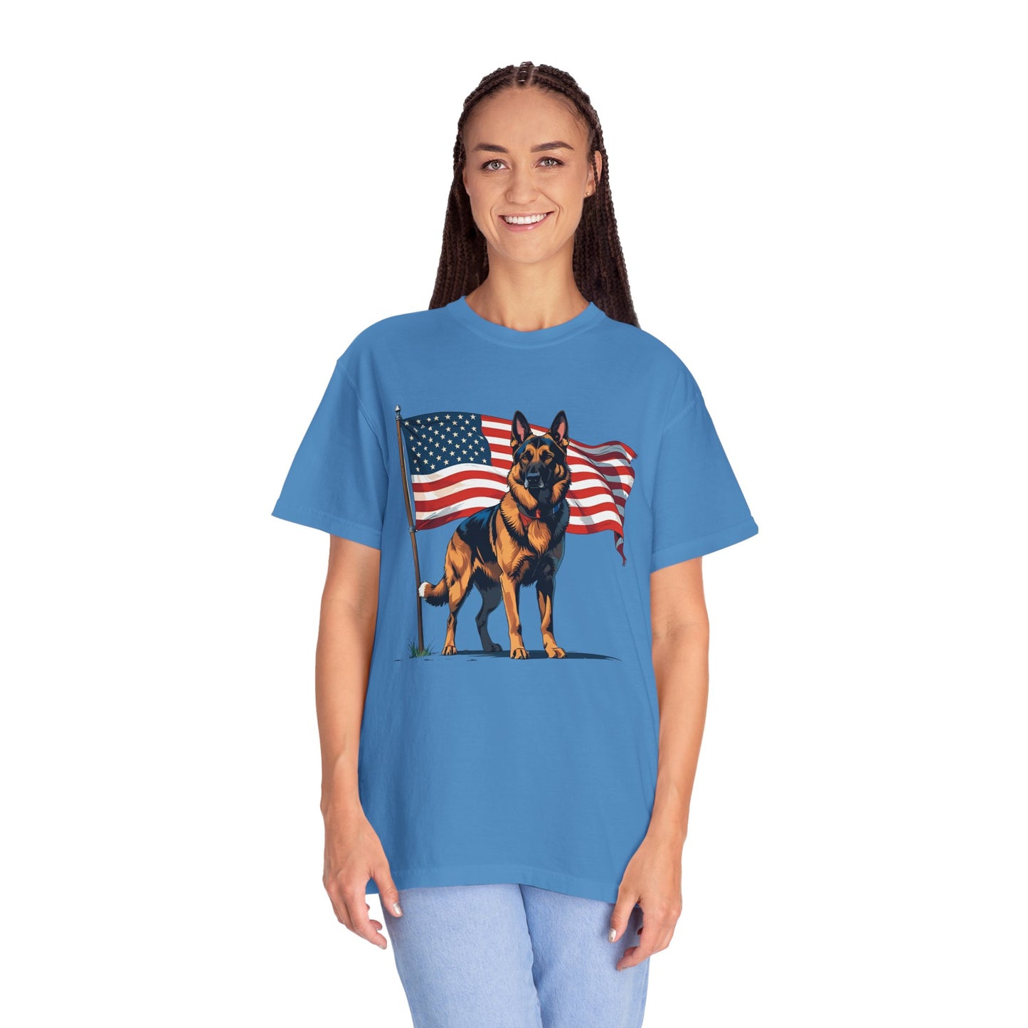Patriotic German Shepherd Dog T-Shirt, Unisex Garment-Dyed Tee, Dog Lover Gift, US Independence Day Apparel, Casual Wear for Pet Lovers