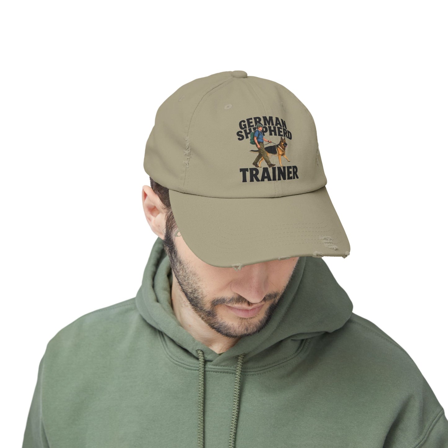 Unisex Distressed Cap Featuring a Trainer Leading German Shepherd, Dog Trainer Gift