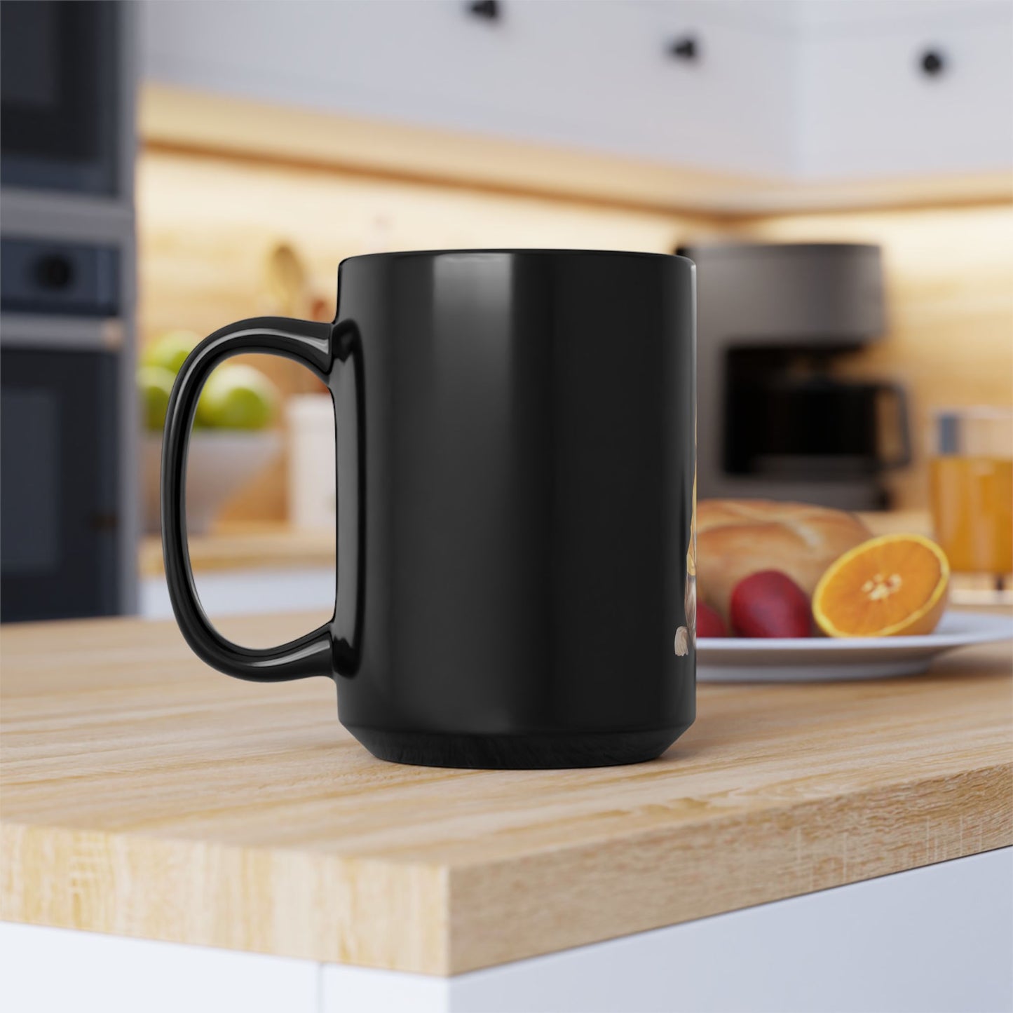Black Coffee Mug 15oz With a Graphic of German Shepherd Wearing a Yellow Rain Coat
