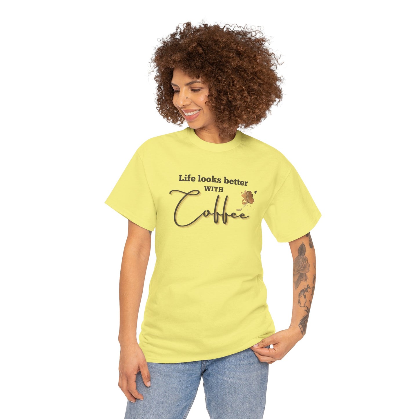 Life Looks Better with Coffee Tee | Unisex Cotton Tee for Coffee Lovers, Gift for Birthdays, Anniversaries, Casual Wear, Coffee-themed