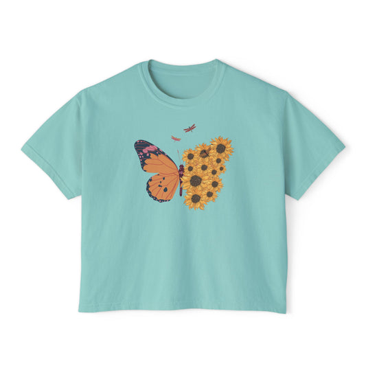 Butterfly & Sunflower Women's Boxy Tee, Vintage Style Tee, Graphic Tee for Nature Lovers, Spring Fashion, Gift for Her
