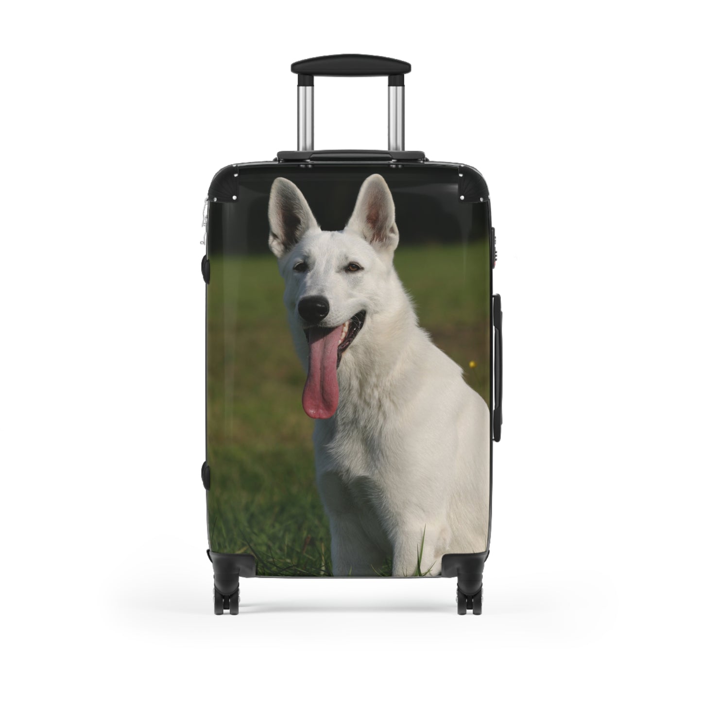 Dog Lover Suitcase Featuring a Giant White German Shepherd Sloppily Sitting on Grass Leaving Tongue Out