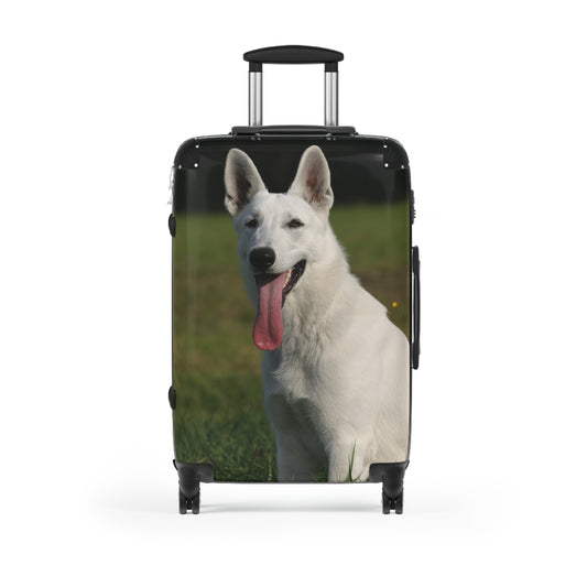 Dog Lover Suitcase Featuring a Giant White German Shepherd Sloppily Sitting on Grass Leaving Tongue Out