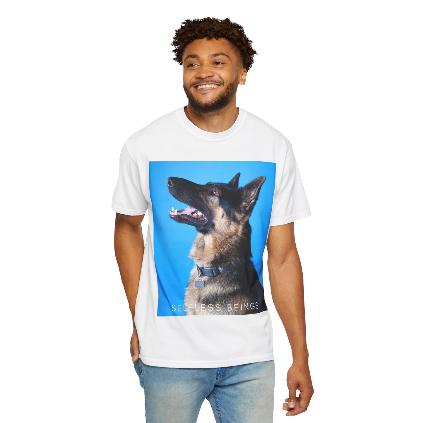 Unisex Dog Lover T-Shirt With Close Up Portrait of German Shepherd from Side Angle, Having Blue Background and Caption Selfless Beings