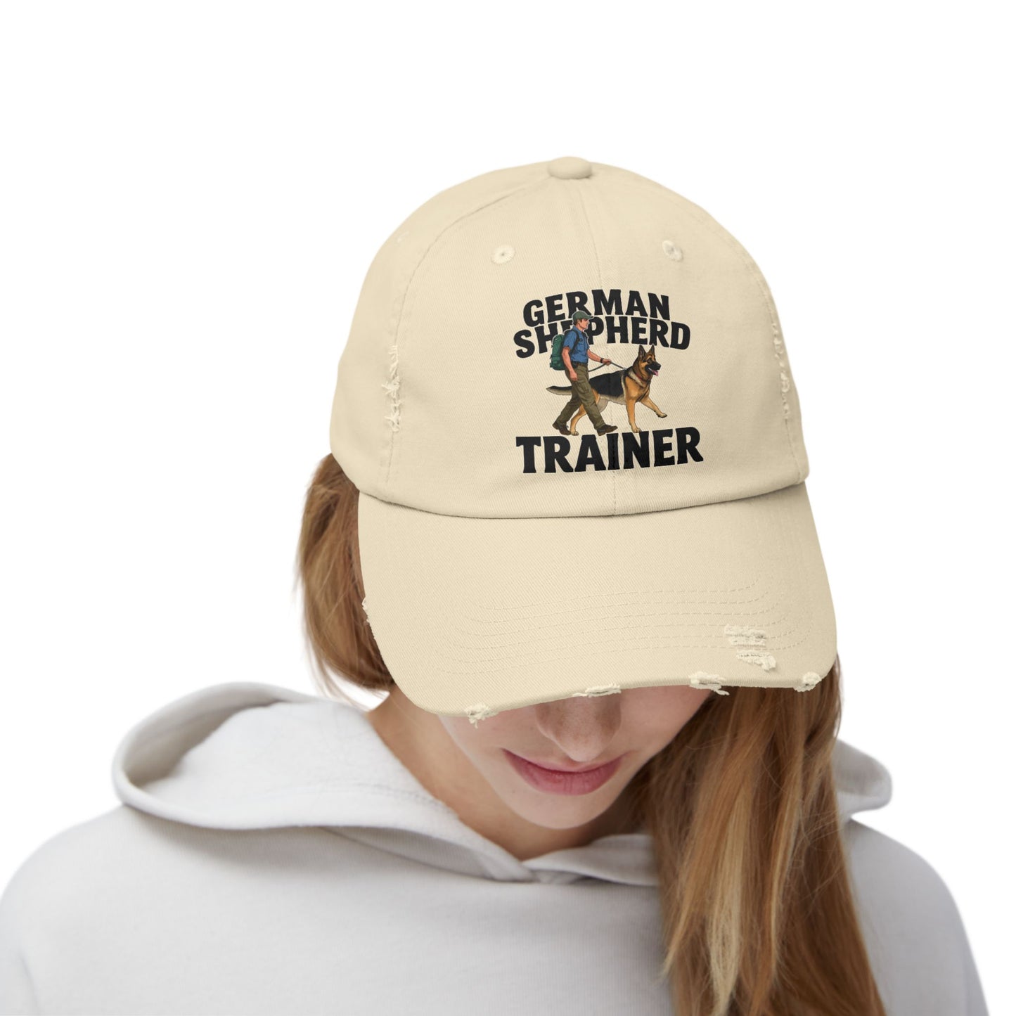 Unisex Distressed Cap Featuring a Trainer Leading German Shepherd, Dog Trainer Gift