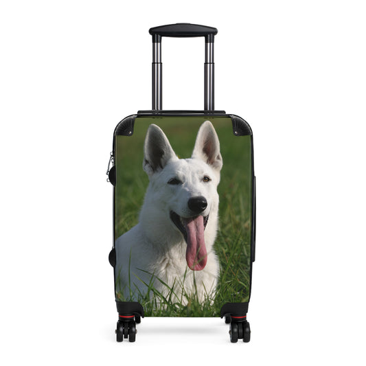 Dog Lovers Suitcase Featuring a White German Shepherd Resting On Grass Leaving Tongue Out