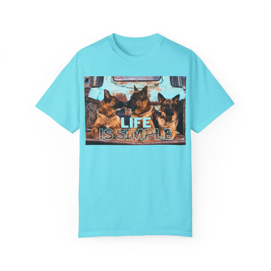Unisex Dog Lover T-Shirt With Three German Shepherds Sitting on the Truck's Cargo Bed and Caption Life is Simple